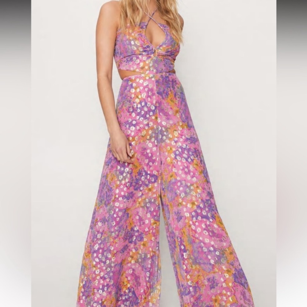 Metallic Floral Strappy Back Jumpsuit - NastyGal size 6